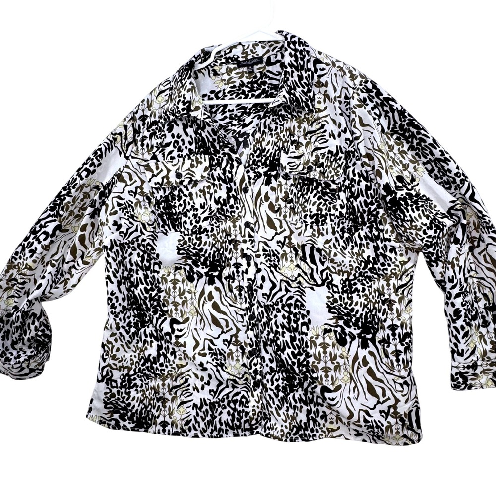 Notations Button Front Blouse Women plus 2X Animal Print Safari Office Casual